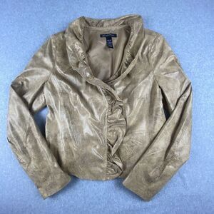 INC Jacket Womens Small Petite Tan Animal Print Faux Leather Ruffle Front Light